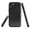 Glossy Scratched Black Leather MagSafe Tough Case for iPhone — close-up black leather surface with natural grain pores