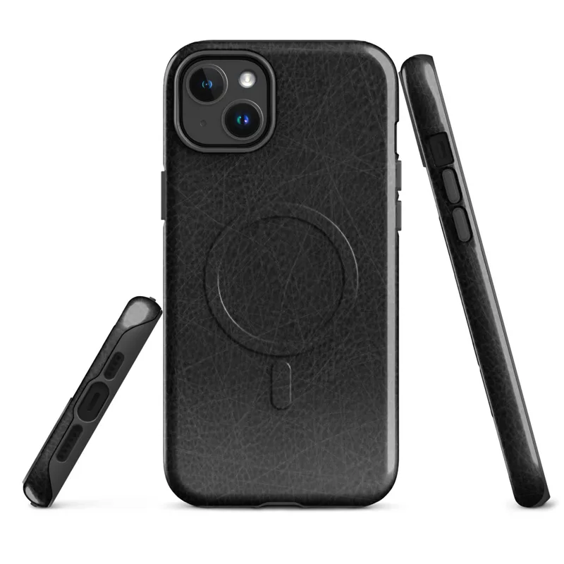 Glossy Scratched Black Leather MagSafe Tough Case for iPhone — close-up black leather surface with natural grain pores