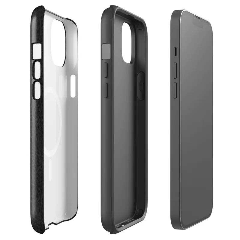 Glossy Scratched Black Leather MagSafe Tough Case for iPhone — close-up black leather surface with natural grain pores