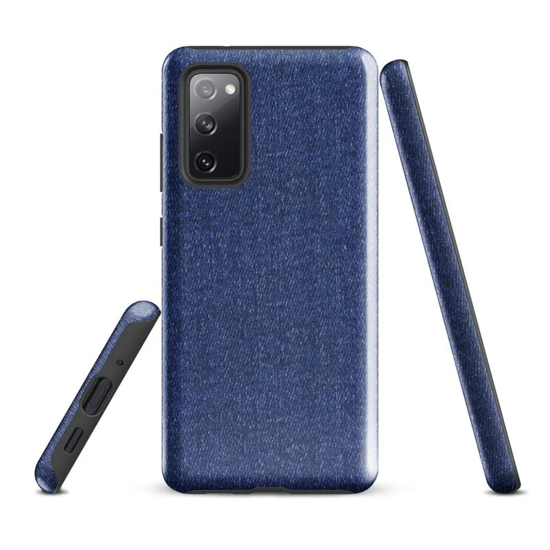 Glossy Classic Blue Denim Tough Case for Samsung — close-up seamless medium-wash blue denim fabric texture with subtle woven