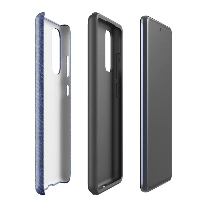 Glossy Classic Blue Denim Tough Case for Samsung — close-up seamless medium-wash blue denim fabric texture with subtle woven