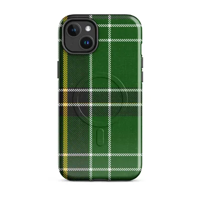 classic Scottish tartan in deep forest green with black bands, white stripes, and gold accent lines in a diagonal twill weave pattern on Glossy Highland Green Tartan MagSafe Tough Case for iPhone - default - Front view