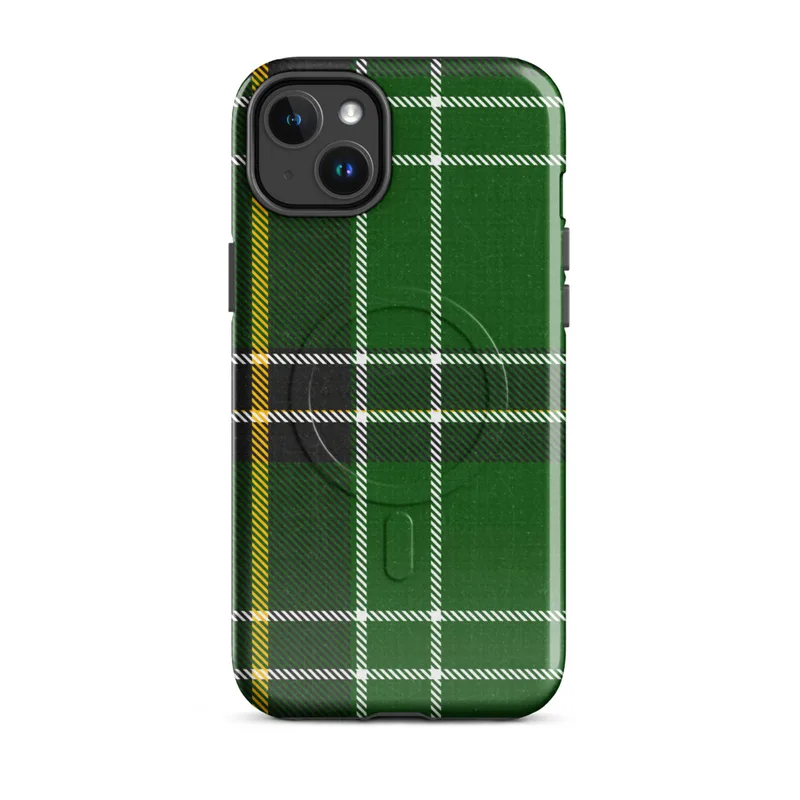 Glossy Highland Green Tartan MagSafe Tough Case for iPhone — classic Scottish tartan in deep forest green with black bands