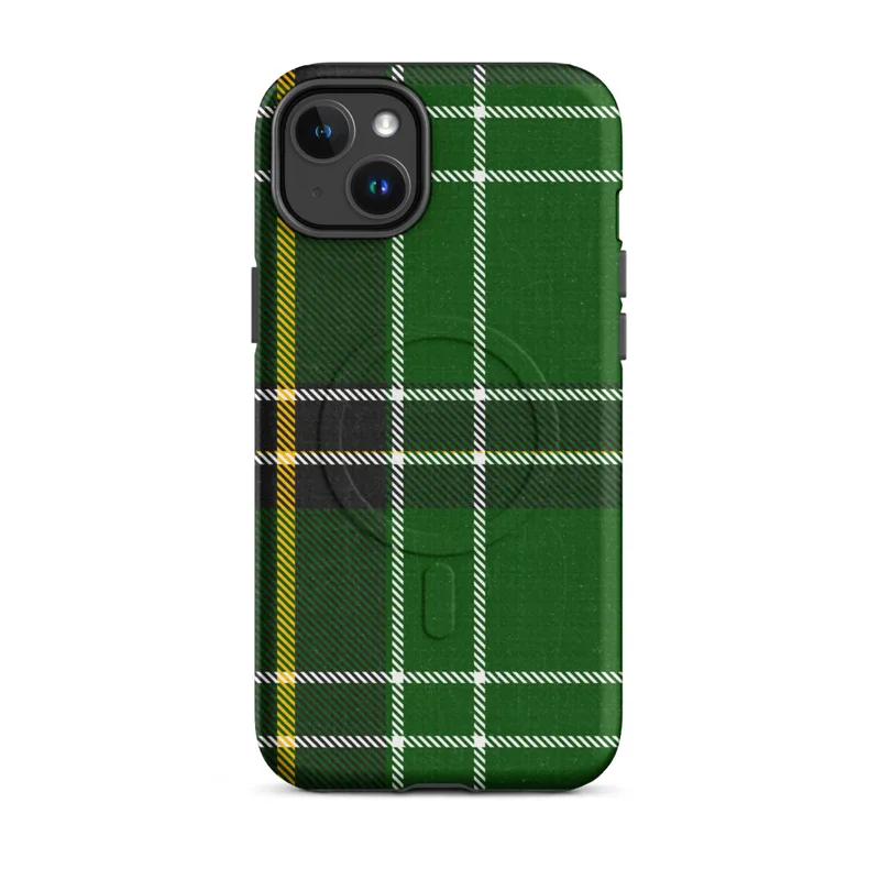 Matte Highland Green Tartan MagSafe Tough Case for iPhone — classic Scottish tartan in deep forest green with black bands