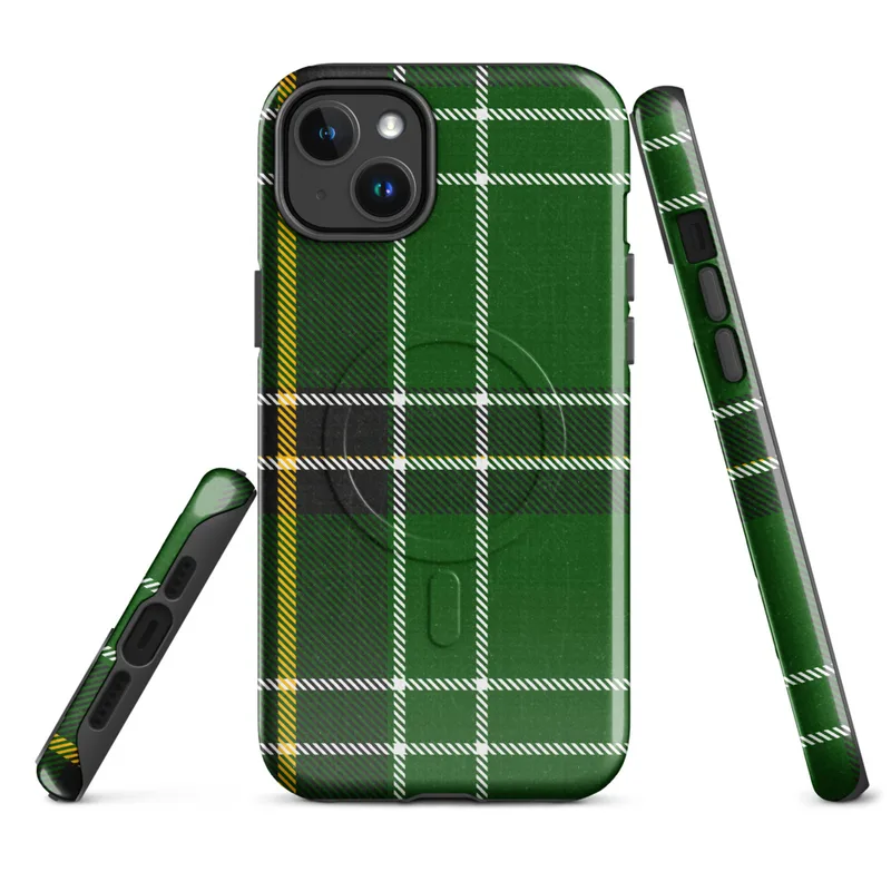 Glossy Highland Green Tartan MagSafe Tough Case for iPhone — classic Scottish tartan in deep forest green with black bands