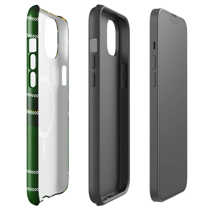 Glossy Highland Green Tartan MagSafe Tough Case for iPhone — classic Scottish tartan in deep forest green with black bands