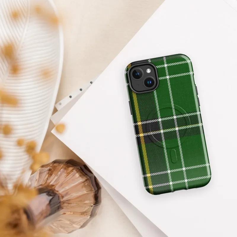 Glossy Highland Green Tartan MagSafe Tough Case for iPhone — classic Scottish tartan in deep forest green with black bands