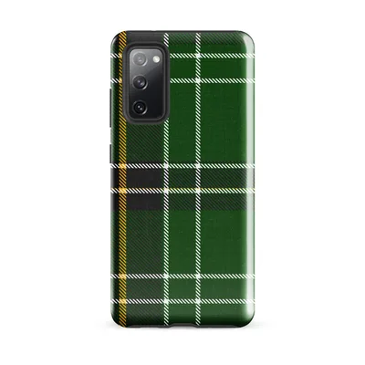 classic Scottish tartan in deep emerald green with intersecting white, black, and gold stripes in a diagonal twill woven pattern on Glossy Highland Green Tartan Tough Case for Samsung - default - Front view