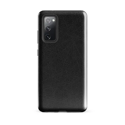close-up distressed black leather surface with fine grain pores and scattered scratch lines in deep charcoal tones on Glossy Dark Leather Texture Tough Case for Samsung - default - Front view