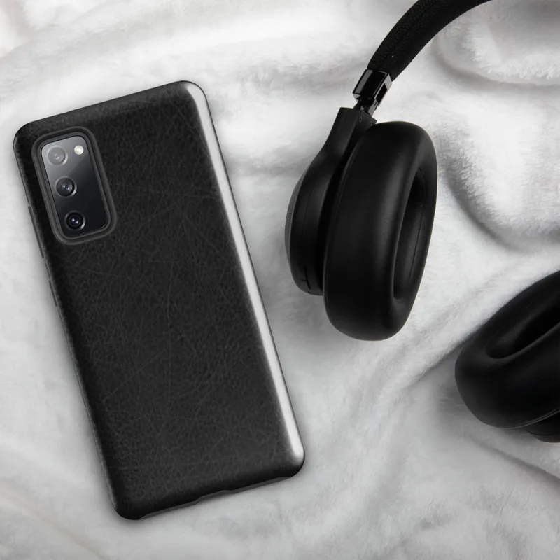 Glossy Dark Leather Texture Tough Case for Samsung — close-up distressed black leather surface with fine grain pores