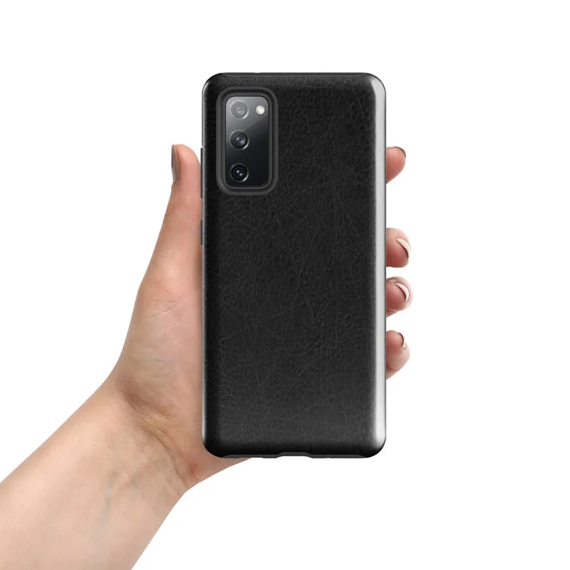 Glossy Dark Leather Texture Tough Case for Samsung — close-up distressed black leather surface with fine grain pores