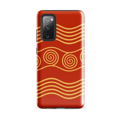 golden spiral motifs and flowing wave lines on a deep crimson red background in a classical decorative style on Glossy Golden Waves Ancient Spiral Tough Case for Samsung - default - Front view