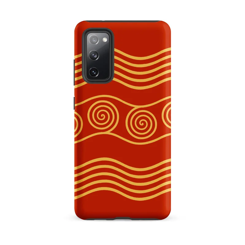 Matte Golden Waves Ancient Spiral Tough Case for Samsung — golden spiral motifs and flowing wave lines on a deep crimson red