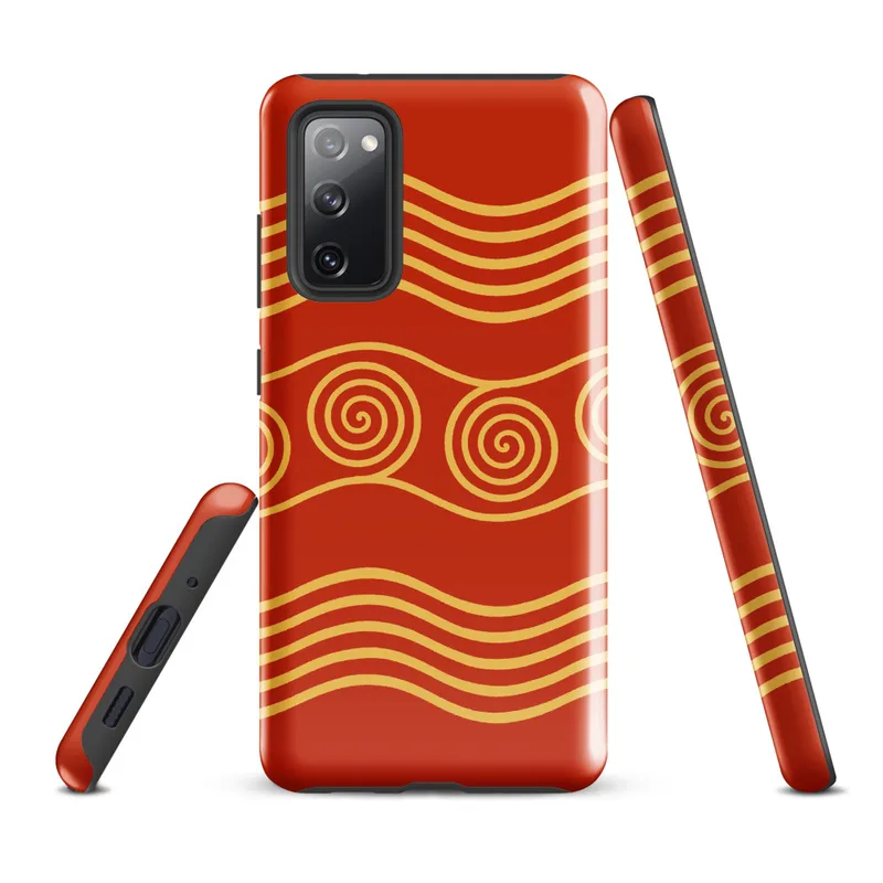 Glossy Golden Waves Ancient Spiral Tough Case for Samsung — golden spiral motifs and flowing wave lines on a deep crimson