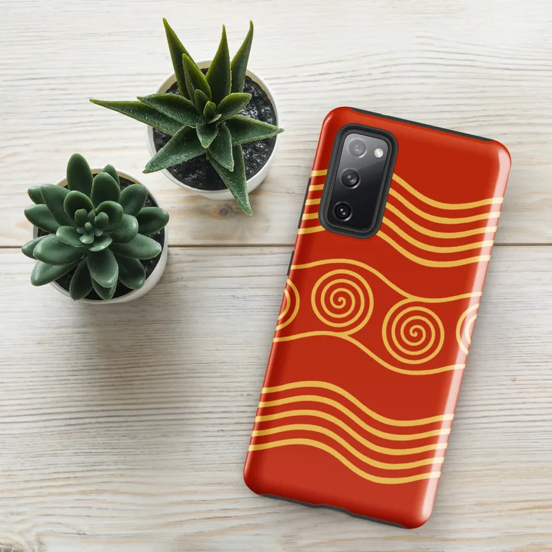 Glossy Golden Waves Ancient Spiral Tough Case for Samsung — golden spiral motifs and flowing wave lines on a deep crimson