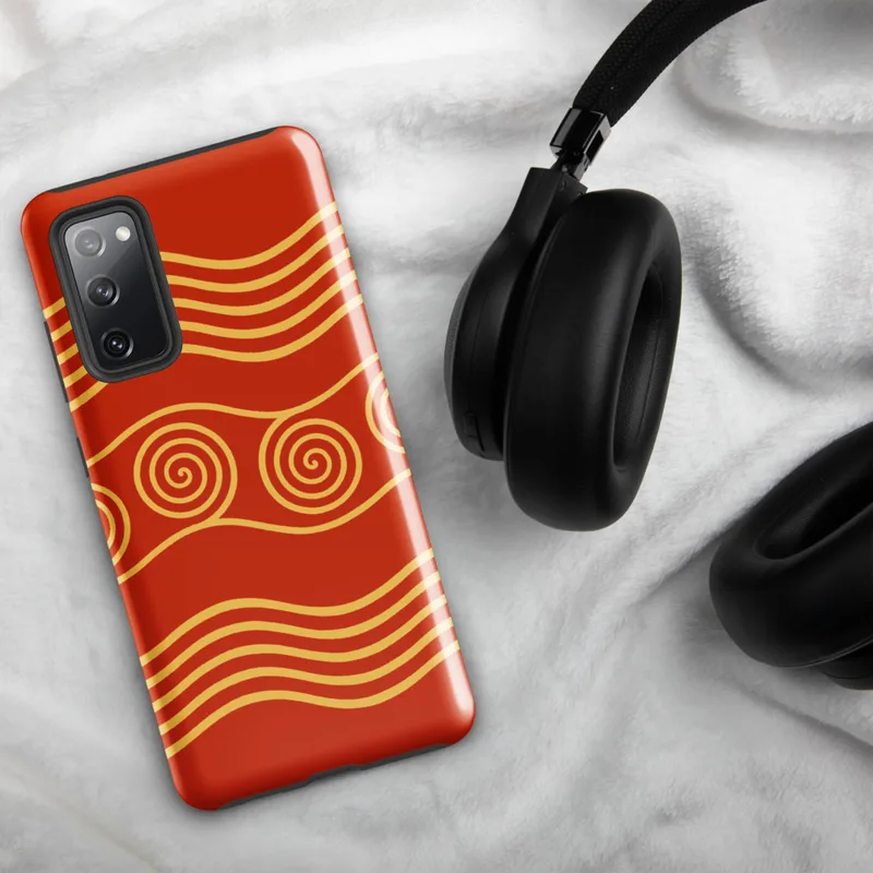 Glossy Golden Waves Ancient Spiral Tough Case for Samsung — golden spiral motifs and flowing wave lines on a deep crimson