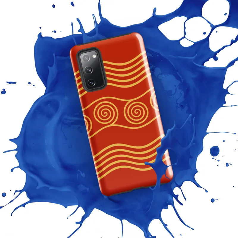 Glossy Golden Waves Ancient Spiral Tough Case for Samsung — golden spiral motifs and flowing wave lines on a deep crimson