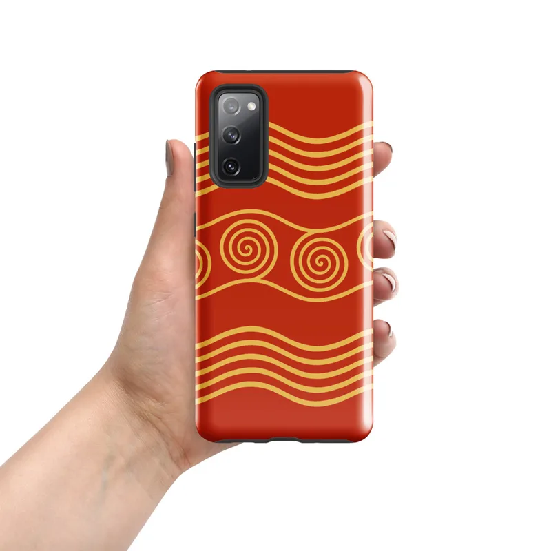 Glossy Golden Waves Ancient Spiral Tough Case for Samsung — golden spiral motifs and flowing wave lines on a deep crimson