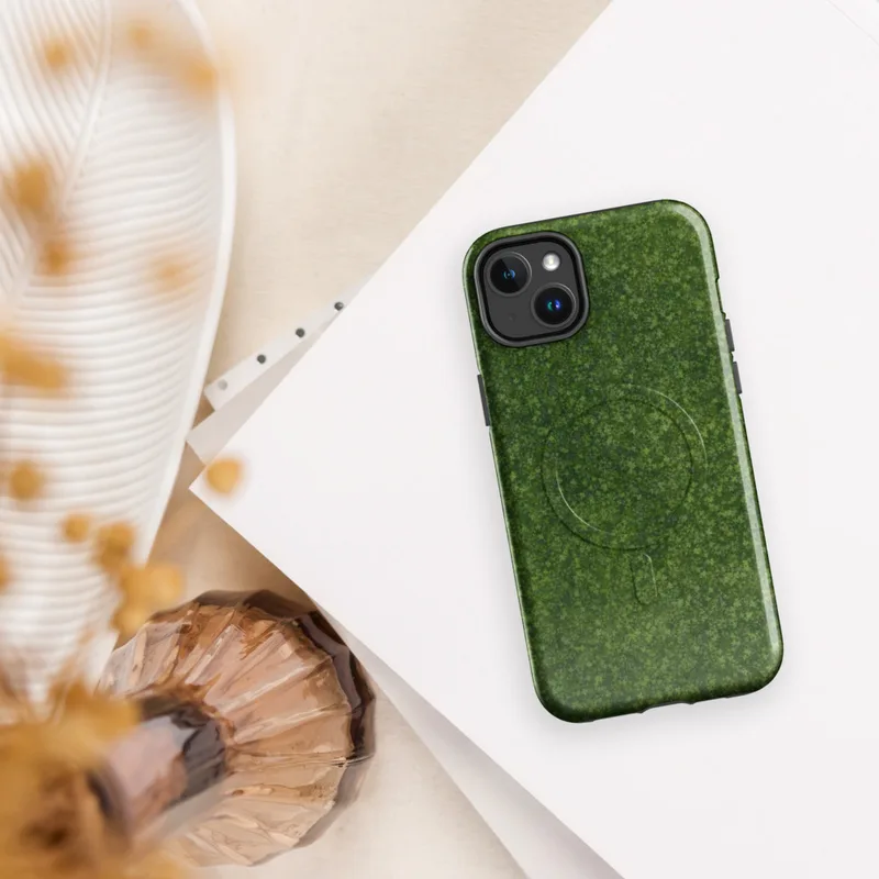 Glossy Lush Green Meadow MagSafe Tough Case for iPhone — aerial view of a dense green meadow with intricate foliage texture
