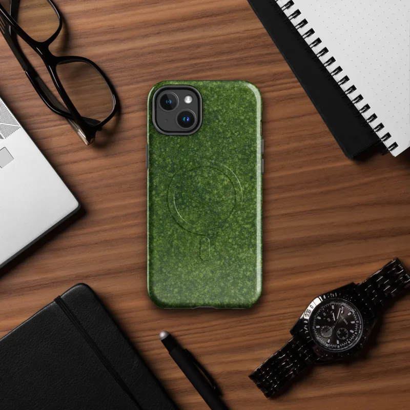 Glossy Lush Green Meadow MagSafe Tough Case for iPhone — aerial view of a dense green meadow with intricate foliage texture