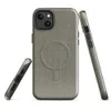 Glossy Urban Linen Texture MagSafe Tough Case for iPhone — close-up woven linen textile pattern in warm charcoal and muted