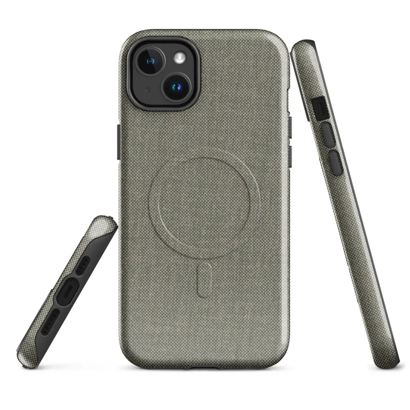 Glossy Urban Linen Texture MagSafe Tough Case for iPhone — close-up woven linen textile pattern in warm charcoal and muted