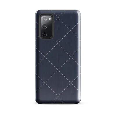 diagonal diamond grid of white dashed stitch lines with small cross-stitch points on a deep navy blue woven textile background on Glossy Navy Diamond Stitch Tough Case for Samsung - default - Front view