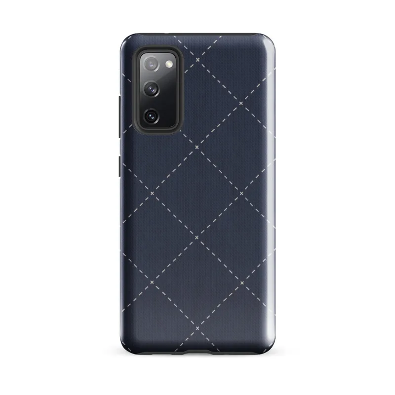Glossy Navy Diamond Stitch Tough Case for Samsung — diagonal diamond grid of white dashed stitch lines with small