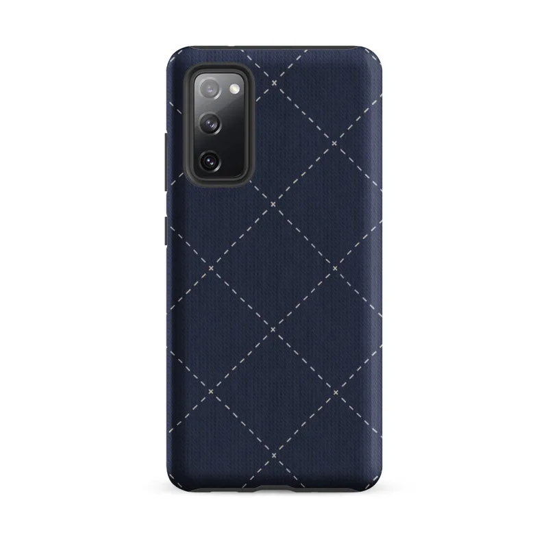 Matte Navy Diamond Stitch Tough Case for Samsung — diagonal diamond grid of white dashed stitch lines with small