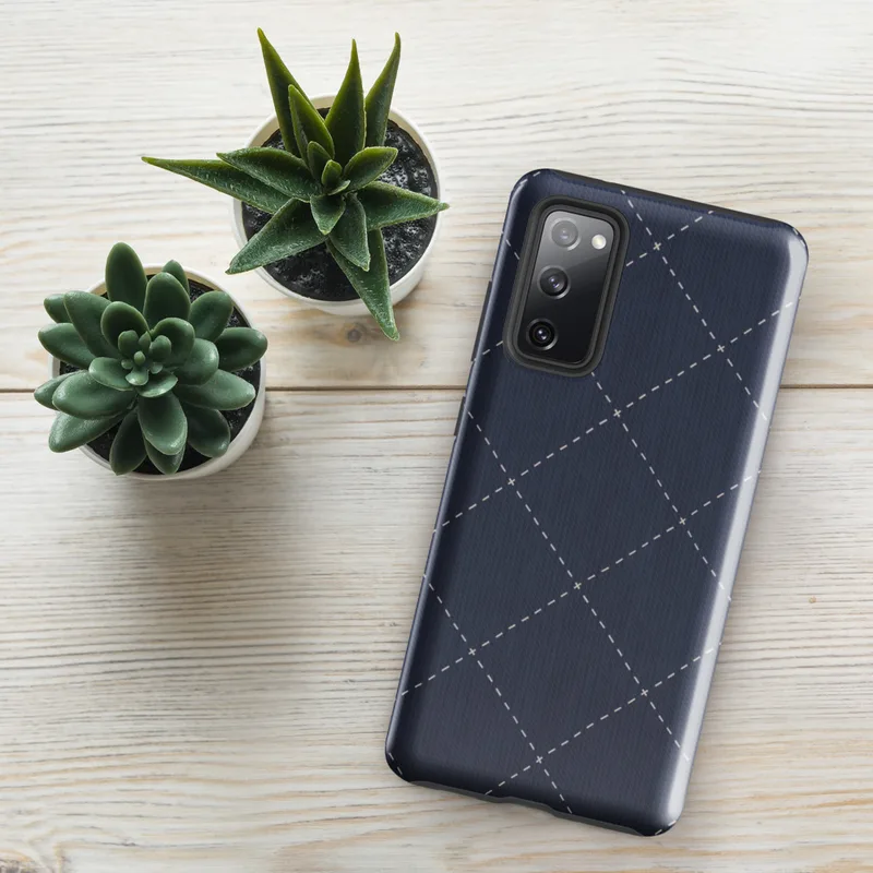 Glossy Navy Diamond Stitch Tough Case for Samsung — diagonal diamond grid of white dashed stitch lines with small