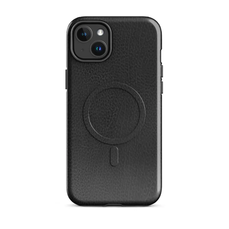 Glossy Midnight Black Leather MagSafe Tough Case for iPhone — close-up distressed black leather texture with natural grain