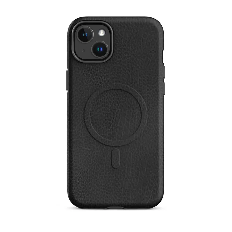 Matte Midnight Black Leather MagSafe Tough Case for iPhone — close-up distressed black leather texture with natural grain