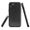 Glossy Midnight Black Leather MagSafe Tough Case for iPhone — close-up distressed black leather texture with natural grain