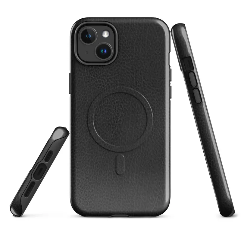 Glossy Midnight Black Leather MagSafe Tough Case for iPhone — close-up distressed black leather texture with natural grain