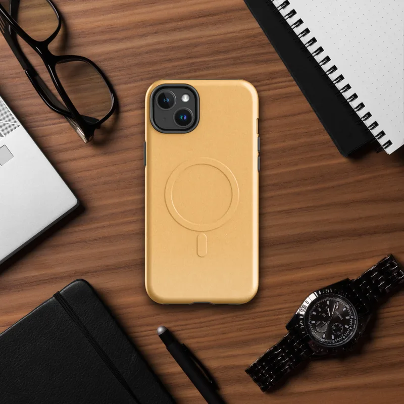 Glossy Warm Apricot Minimal MagSafe Tough Case for iPhone — solid warm apricot tone with a subtle paper texture, soft