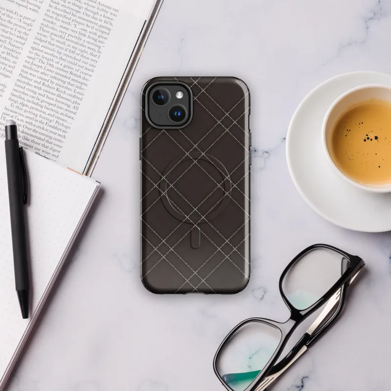 Glossy Dark Diamond Quilted Leather MagSafe Tough Case for iPhone — diagonal diamond quilted pattern in deep espresso brown