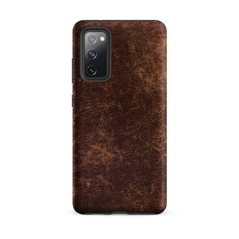 Matte Worn Leather Tough Case for Samsung — distressed vintage leather texture in deep mahogany and tan with cracked