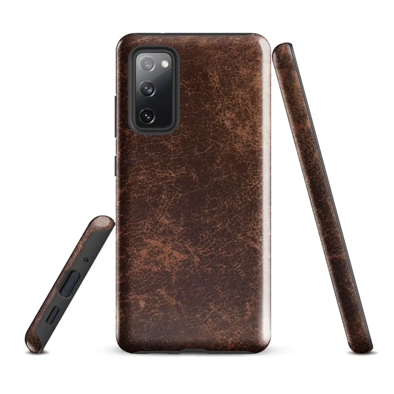 Glossy Worn Leather Tough Case for Samsung — distressed vintage leather texture in deep mahogany and tan with cracked