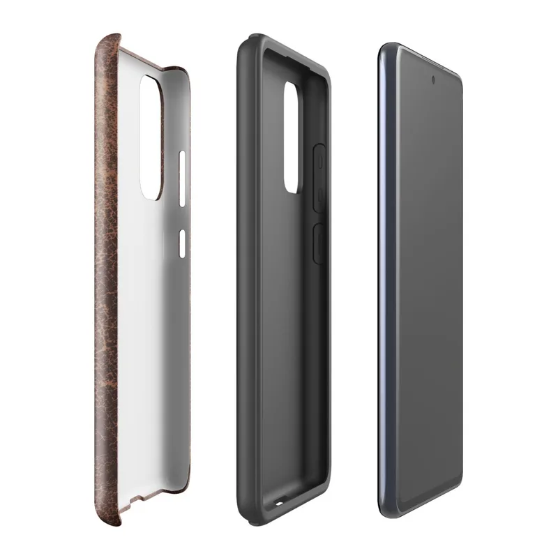 Glossy Worn Leather Tough Case for Samsung — distressed vintage leather texture in deep mahogany and tan with cracked