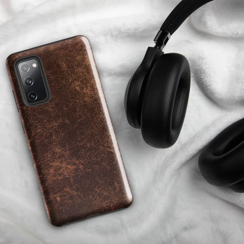 Glossy Worn Leather Tough Case for Samsung — distressed vintage leather texture in deep mahogany and tan with cracked