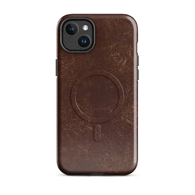 distressed leather surface in deep mahogany with cracked amber and tan veining throughout on Glossy Worn Leather Legacy MagSafe Tough Case for iPhone - default - Front view