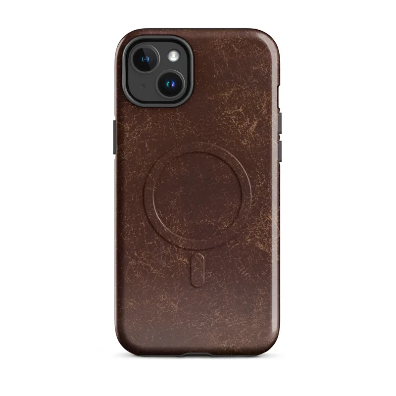 Glossy Worn Leather Legacy MagSafe Tough Case for iPhone — distressed leather surface in deep mahogany with cracked amber
