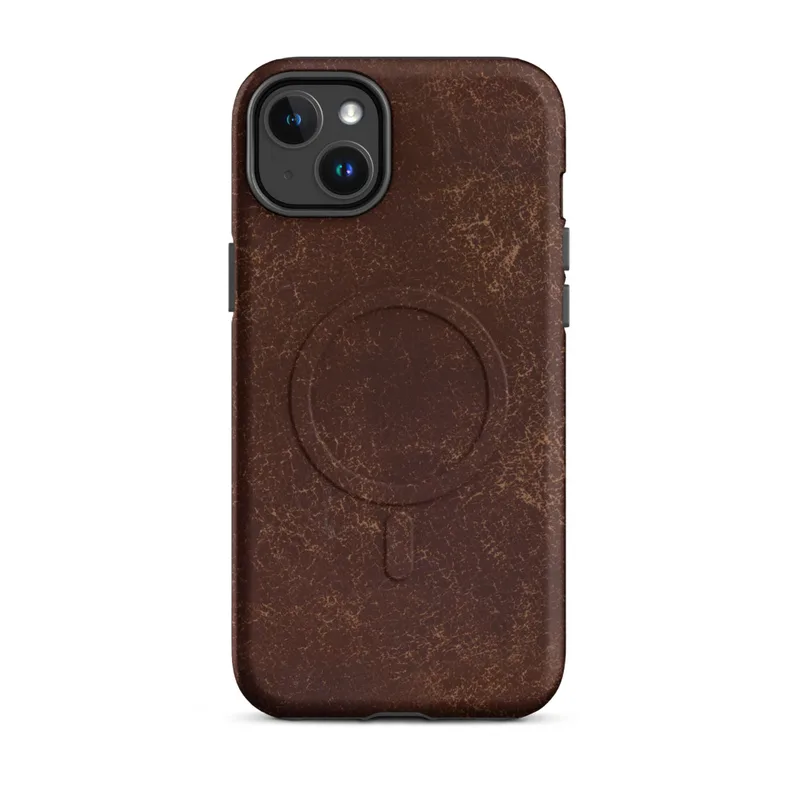 Matte Worn Leather Legacy MagSafe Tough Case for iPhone — distressed leather surface in deep mahogany with cracked amber