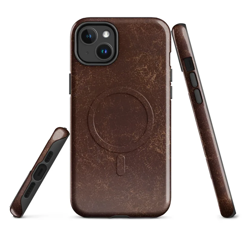 Glossy Worn Leather Legacy MagSafe Tough Case for iPhone — distressed leather surface in deep mahogany with cracked amber