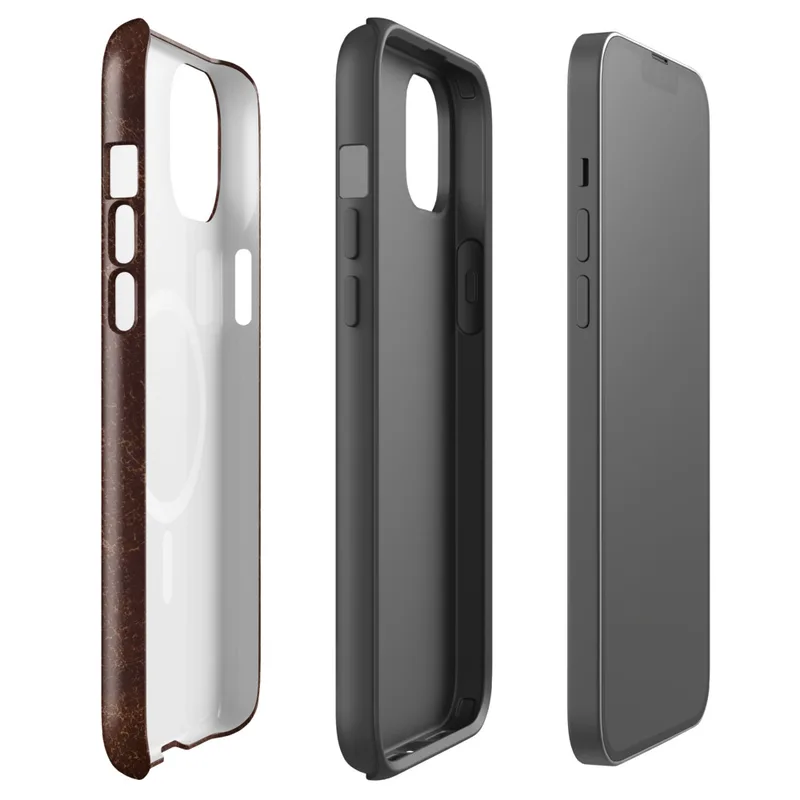 Glossy Worn Leather Legacy MagSafe Tough Case for iPhone — distressed leather surface in deep mahogany with cracked amber
