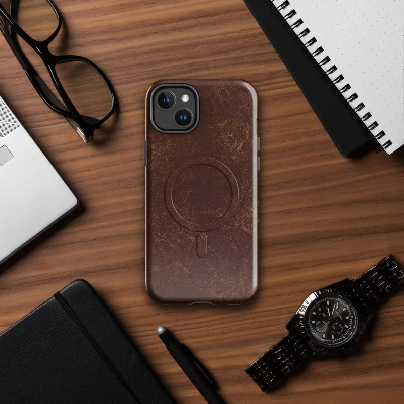 Glossy Worn Leather Legacy MagSafe Tough Case for iPhone — distressed leather surface in deep mahogany with cracked amber