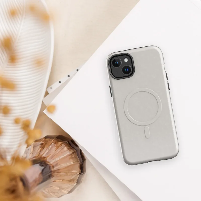 Glossy Classic Warm Gray Minimal MagSafe Tough Case for iPhone — smooth warm gray textured surface with subtle tonal
