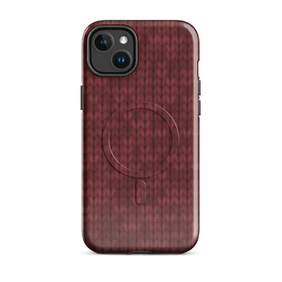 close-up realistic red knitted wool sweater stitch pattern in deep crimson tones with vertical ribbing texture on Glossy Crimson Knit Cozy MagSafe Tough Case for iPhone - default - Front view