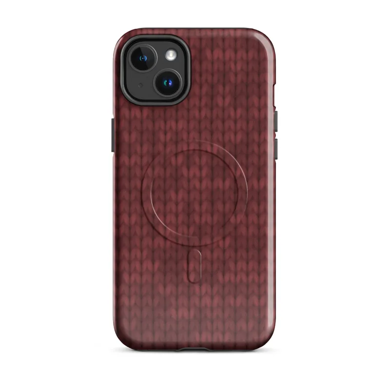 Glossy Crimson Knit Cozy MagSafe Tough Case for iPhone — close-up realistic red knitted wool sweater stitch pattern in deep