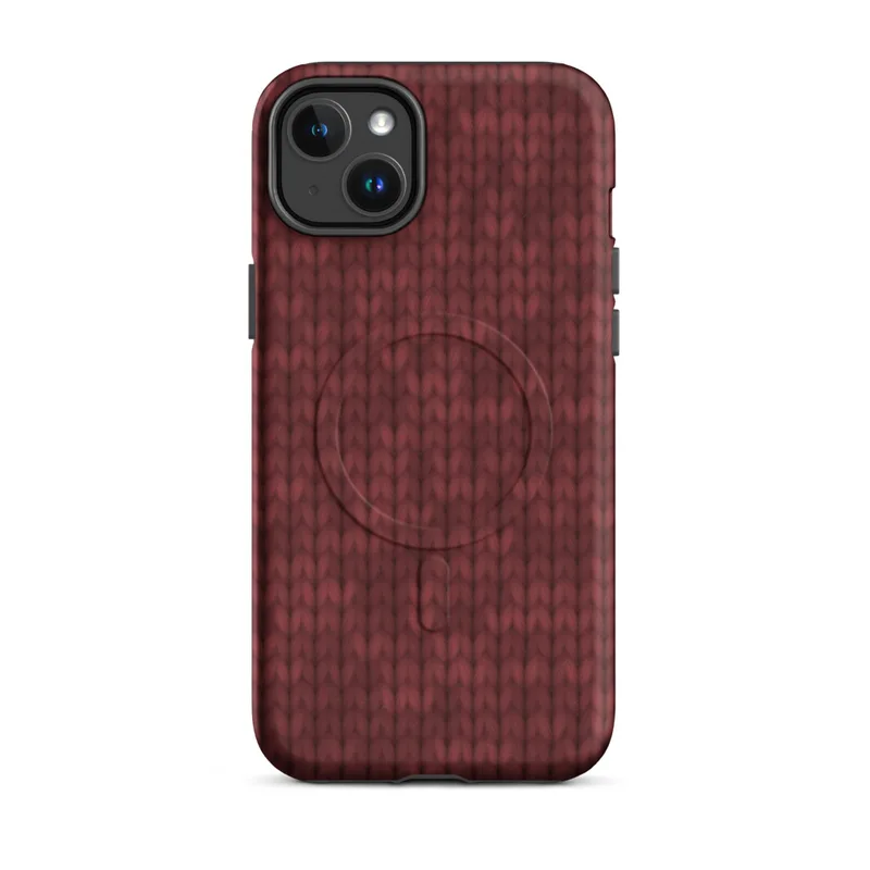 Matte Crimson Knit Cozy MagSafe Tough Case for iPhone — close-up realistic red knitted wool sweater stitch pattern in deep